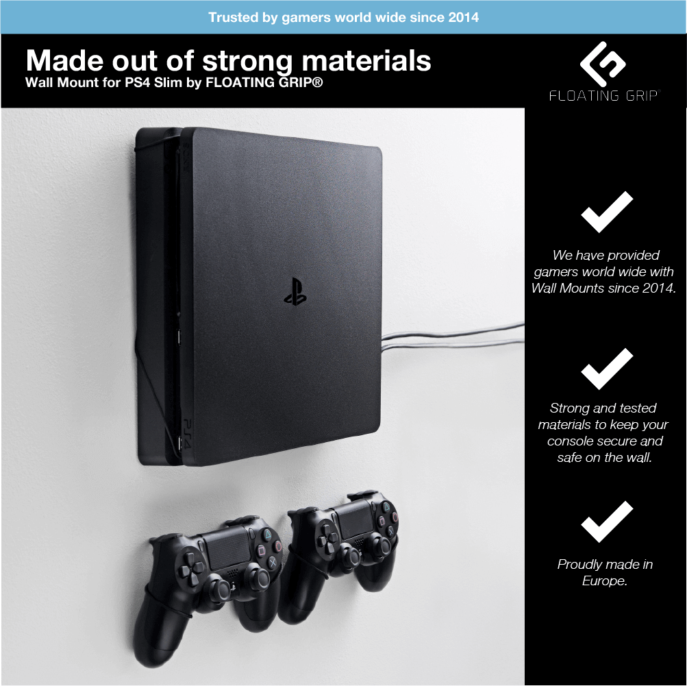 Floating Grip PS4 Slim & 2x Controllers Black Smart Wall Mount Bundle