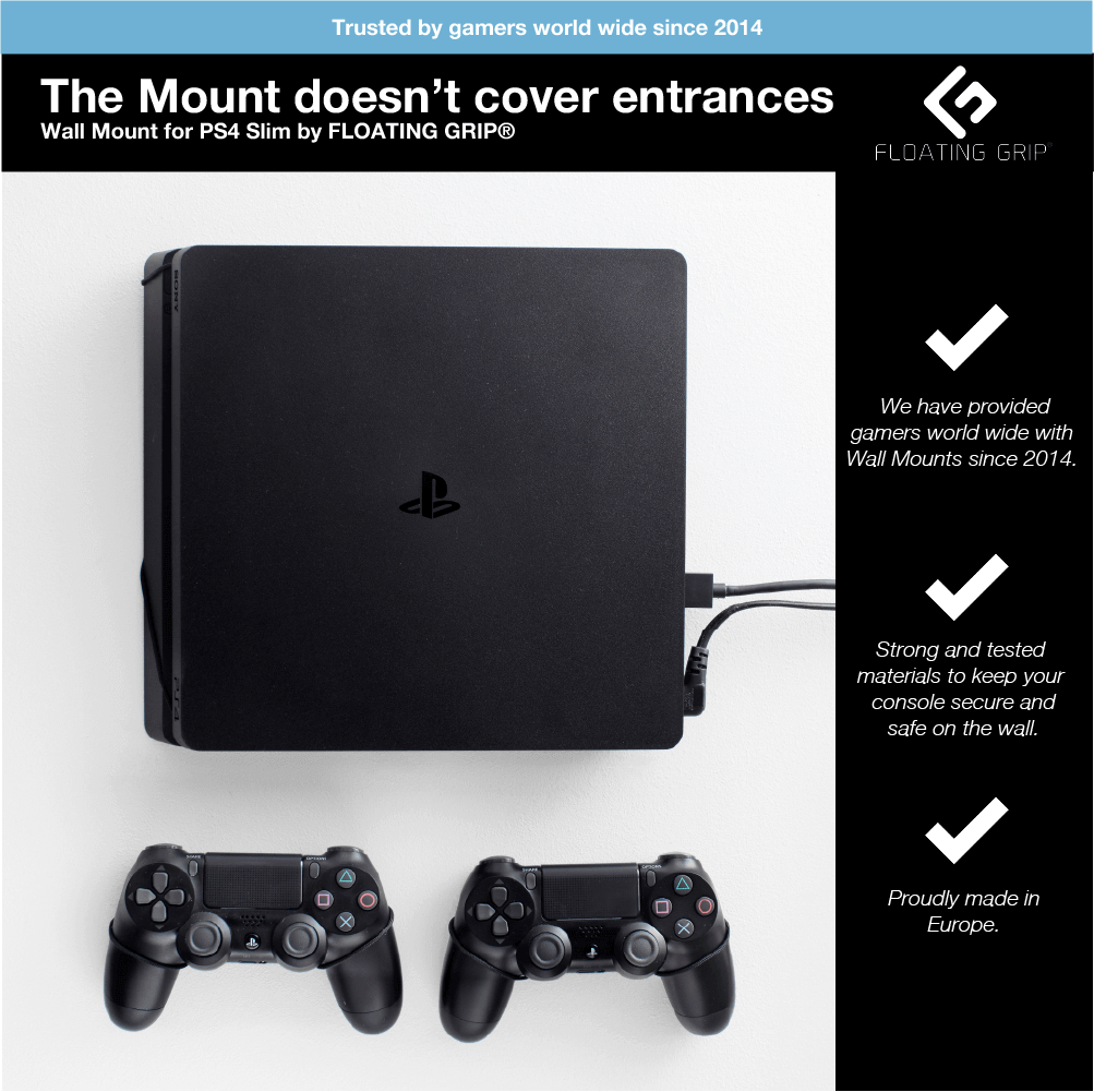 Floating Grip PS4 Slim & 2x Controllers Black Smart Wall Mount Bundle