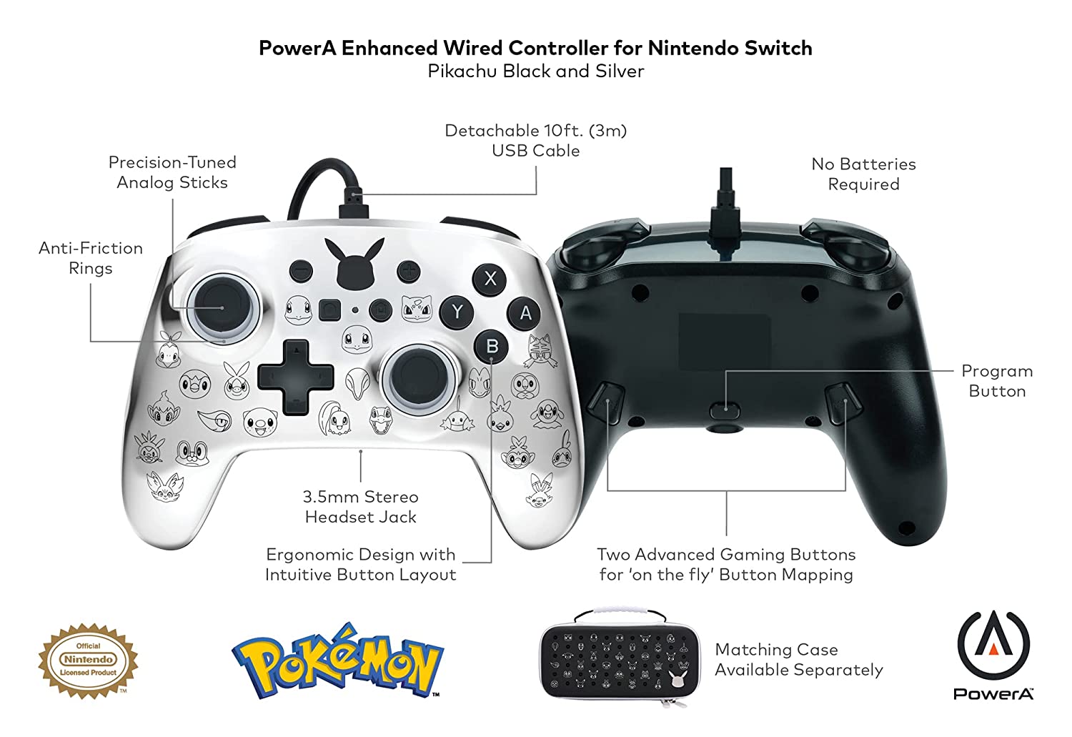 PowerA NSW Enhanced Wired Controller - Pikachu Black & Silver
