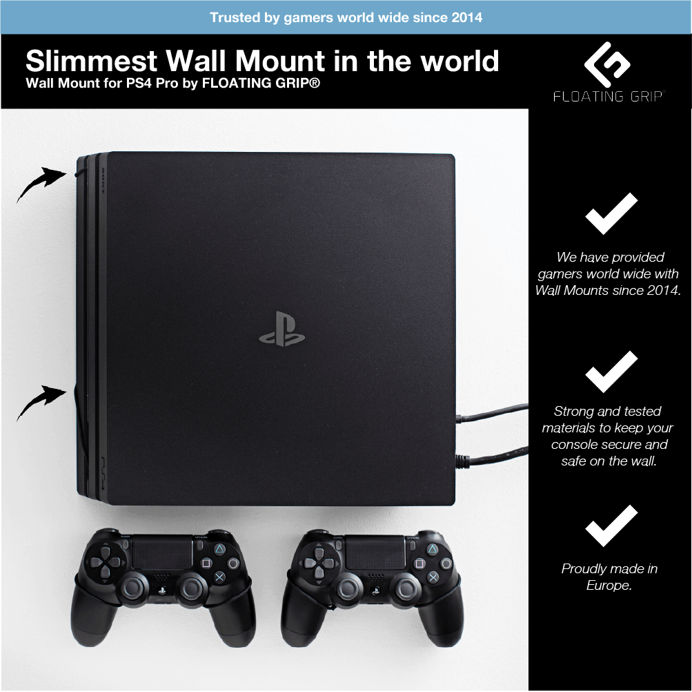 Floating Grip PS4 Pro & 2x Controllers Black Smart Wall Mount Bundle